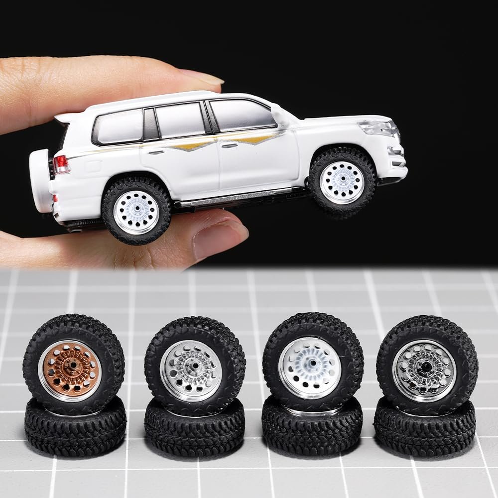 1/64 Wheels and Tires for Off-Road Vehicles,Upgraded Mainline Cast Model Car,Diameter is 0.57in,Series YE,Round Hole Spokes,4 Sets/Pack, ABS Wheels with Rubber Tires Rivet Shaft Metal Rims(YE-C)