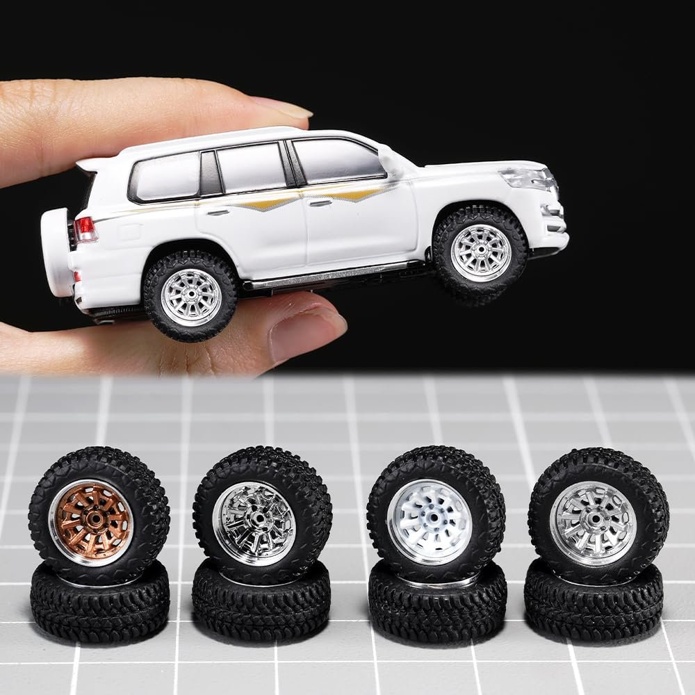 1/64 Wheels and Tires for Off-Road Vehicles,Upgraded Mainline Cast Model Car,Diameter is 0.57in,Series YE, Multiple Spokes 4 Sets/Pack, ABS Wheels with Rubber Tires Rivet Shaft Metal Rims(YE-E)