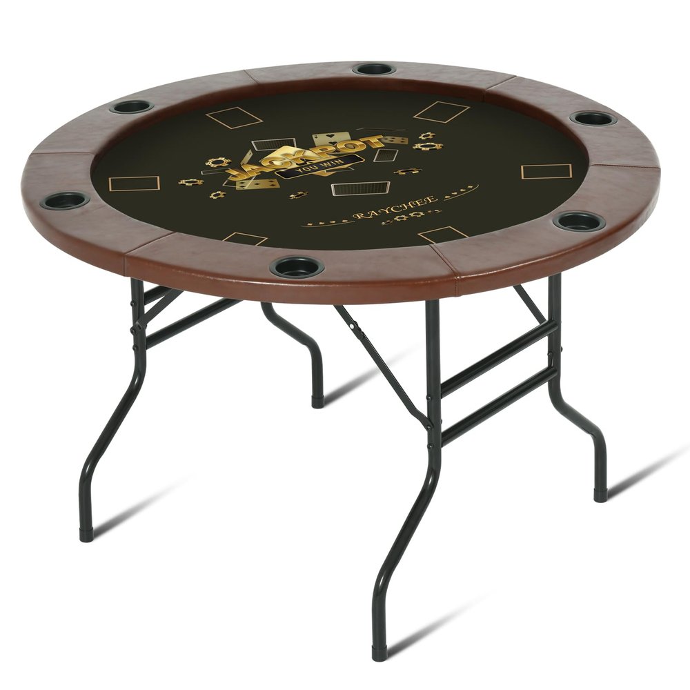 REAHOISY Round Poker Table Foldable, 8 Player Casino Leisure Poker Table w/Stainless Steel Cup Holders & Padded Rails, Folding Texas Holdem Table for Blackjack Board Game (46 Inch-Brown/Dark Green)