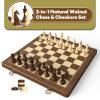 Premium Natural Walnut 15" Magnetic Wooden Folding Chess & Checkers Set- 2 in 1 Board Game with 3" King Staunton Pieces and 2 Extra Queens, Checkers, and Dust-Proof Storage Bag (Black) view 2