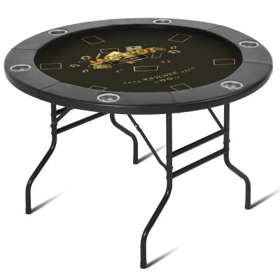 REAHOISY Round Poker Table Foldable, 8 Player Casino Leisure Poker Table w/Stainless Steel Cup Holders & Padded Rails, Folding Texas Holdem Table for Blackjack Board Game (46 Inch-Black/Dark Green)
