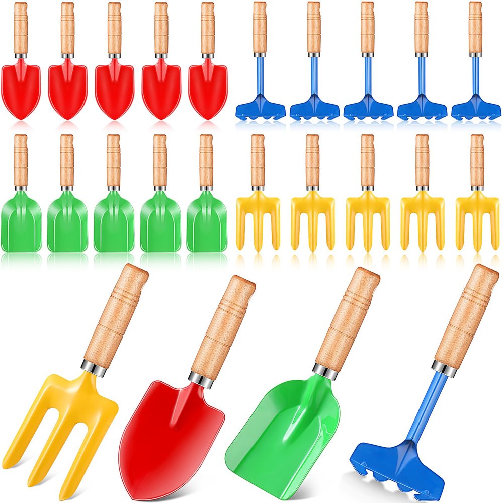 Motionchic 48 Pcs 8" Kids Gardening Tools, Metal Beach Sandbox Digging Toys with Wooden Handle, Including Shovel, Rake, Fork and Trowel, Garden Sand Snow Tools for Children Gift Outdoor Gardening