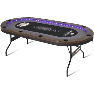 REAHOISY LED Poker Table, 84" 10 Player Foldable Texas Holdem Table w/Inlaid LED Light, 2 USB & 2 Type-c Ports, Portable Blackjac for Texas Card Game w/Cup Holders and Padded Rails (Brown)