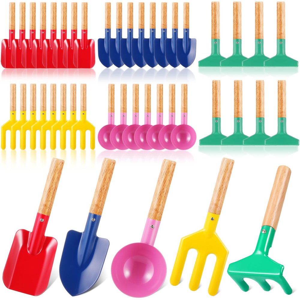 Motionchic 48 Pcs Children Beach Sand Toys Kids Gardening Tools Set Metal Including Shovel, Rake, Fork and Trowel, Summer Beach Sandbox Digging Toys with Wooden Handle Hoe for Kid Outdoor Gift