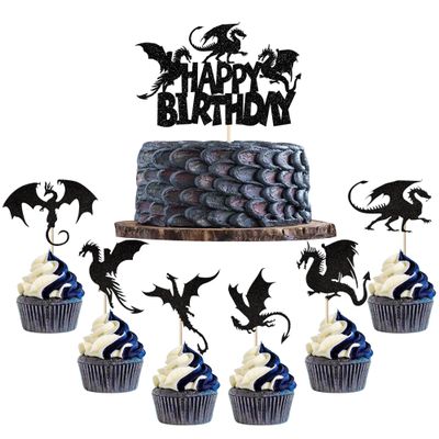 25 Pack Dragon Happy Birthday Cake Topper Glitter Fantasy Birthday Cake Pick forMedieval Dragon Theme Baby Shower Kids Birthday Party Cake Decorations Supplies Black