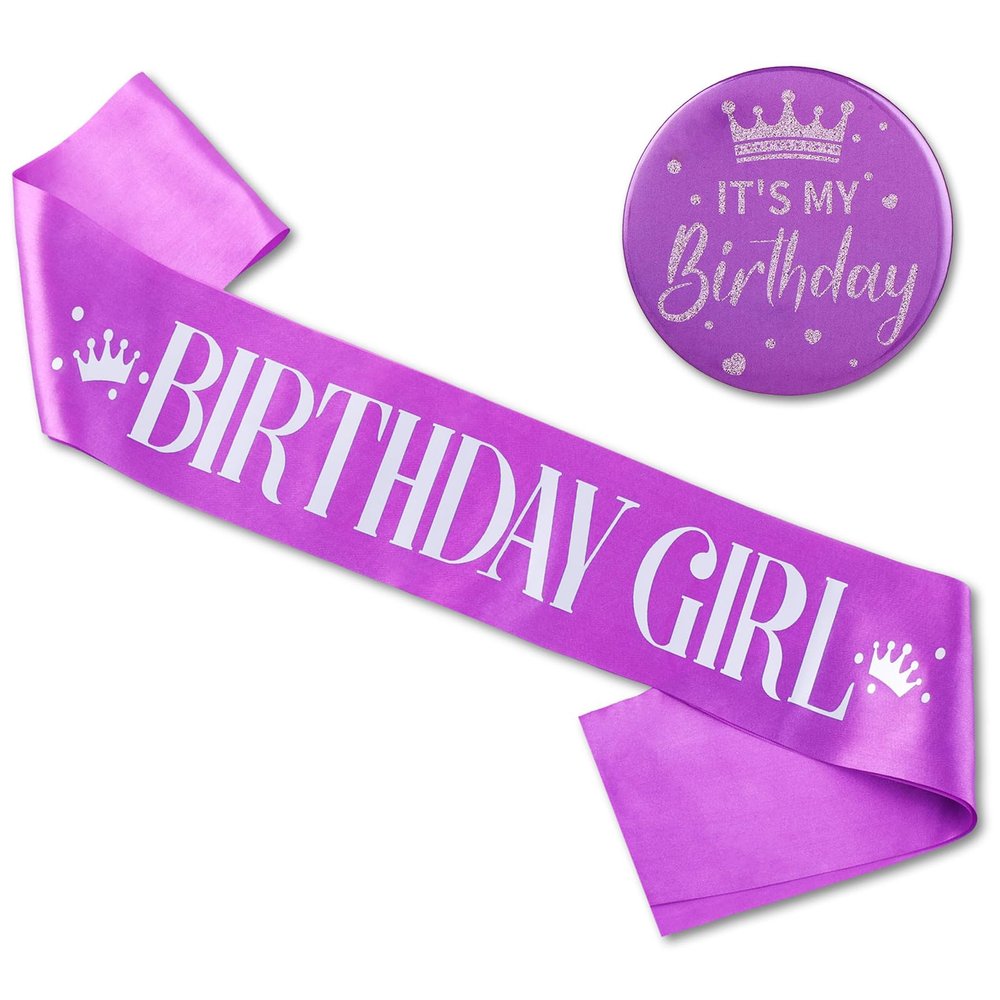 Birthday Sash, Birthday Girl Sash and It's My Birthday Badge Purple Birthday Party Decorations Set Birthday Sash Birthday Badge for Kids Girls Birthday Party Supplies