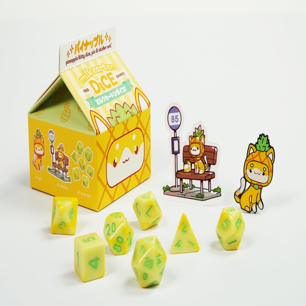 1985 Games Pineapple Kawaii Cat Dice Set Milk Carton-Inspired Dice for DND | TTRPGs & Tabletop Roleplaying