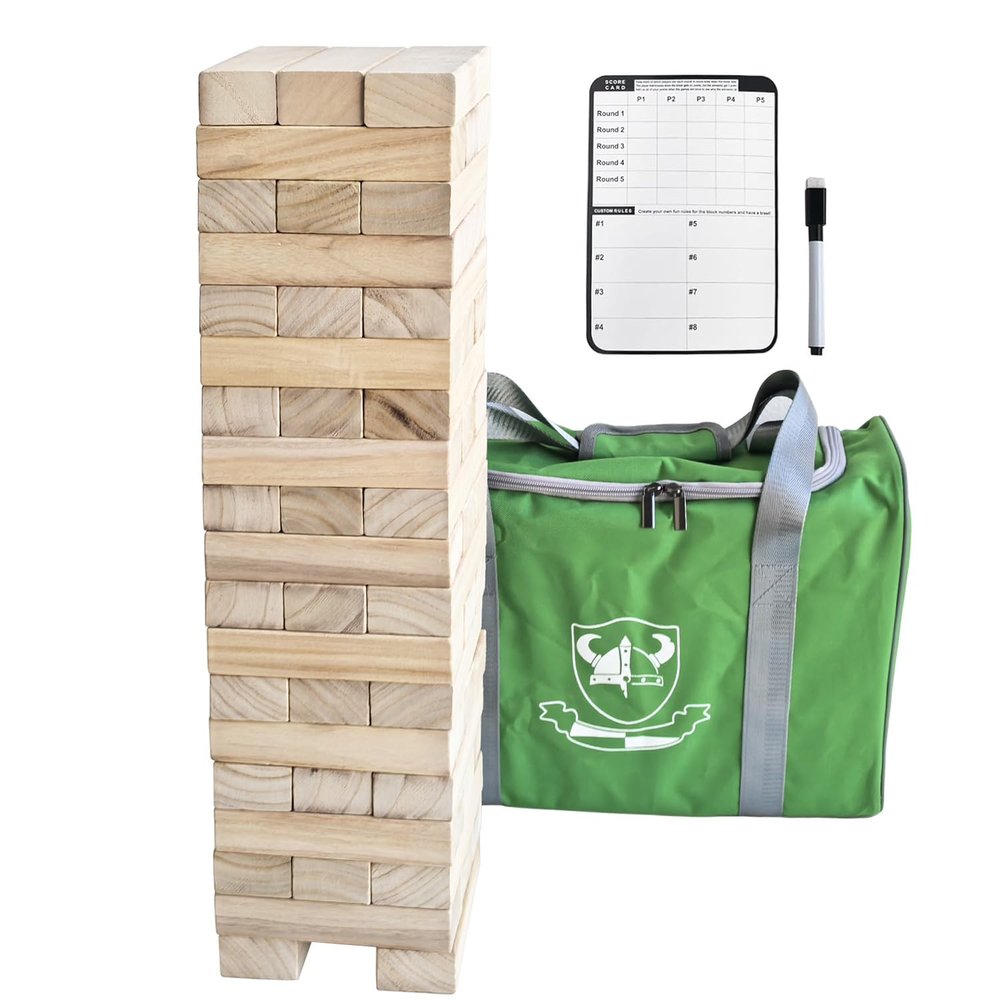 Jac & Mok Tumble Tower Game Set, Stacking Tower Game, Outdoor Games, Wooden Blocks Stacking Game - Includes Carry Bag (Natural, Jumbo-56pcs)