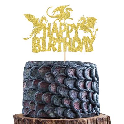 1 Pack Dragon Happy Birthday Cake Topper Glitter Fantasy Birthday Cake Pick forMedieval Dragon Theme Baby Shower Kids Birthday Party Cake Decorations Supplies Gold