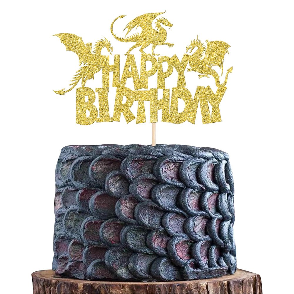 1 Pack Dragon Happy Birthday Cake Topper Glitter Fantasy Birthday Cake Pick forMedieval Dragon Theme Baby Shower Kids Birthday Party Cake Decorations Supplies Gold