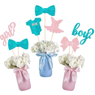 12 Pack Boy or Girl Centerpiece Sticks Glitter Onesie Jumpsuit Gender Reveal Pacifier Table Centerpiece Sticks for Pacifier Baby Shower Boy BirthdayTheme Party Supplies Blue Pink