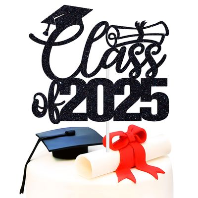 Class of 2025 Cake Topper, Congrats Grad, So Proud of You, 2025 High School College Graduation Party Decorations Supplies for Boys Girls, Black Glitter