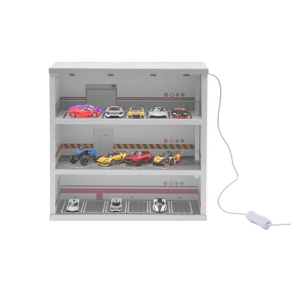 1:64 3-Layer Diecast Car Model Display Cabinet, Garage Scene Simulation W/ Led Light-Color Temperature 6500k, Parking Lot Case,Opening & Closing Design for Trade Shows, Living Room.