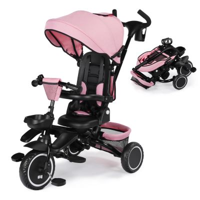 Kinder King Kids Tricycle, 8 in 1 Folding Toddler Trike w/Adjustable Push Handle, Rotatable Seat, Adjustable Canopy, Bell, Five-Point Harness, Storage, Bike Tricycle for Toddlers 1-3, Pink