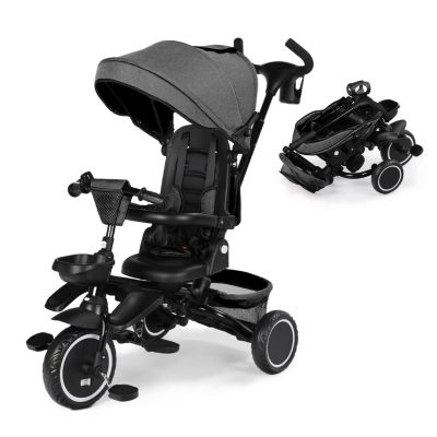 Kinder King Kids Tricycle, 8 in 1 Folding Toddler Trike w/Adjustable Push Handle, Rotatable Seat, Adjustable Canopy, Bell, Five-Point Harness, Storage, Bike Tricycle for Toddlers 1-3, Grey