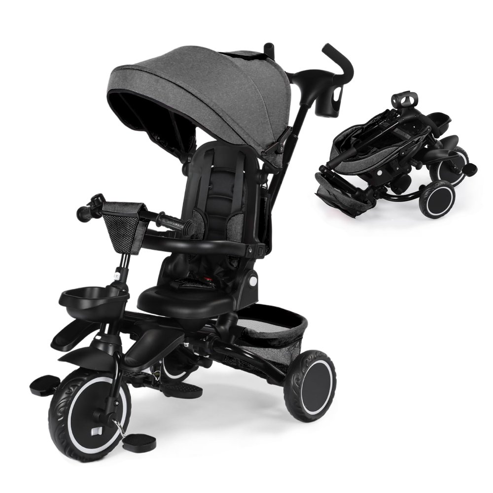 Kinder King Kids Tricycle, 8 in 1 Folding Toddler Trike w/Adjustable Push Handle, Rotatable Seat, Adjustable Canopy, Bell, Five-Point Harness, Storage, Bike Tricycle for Toddlers 1-3, Grey