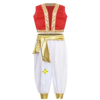 Nikiikoo Kids Boys Halloween Cosplay Dress Up Arabian Prince Costume Open Front Vest and Pants Set Red 6 Years