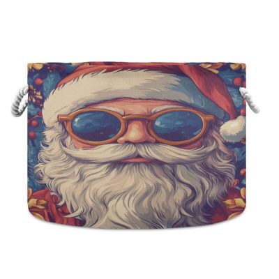 Maunzc Blanket Storage Basket for Living Room - Hippie Santa Claus Large 20"x20"x14" Cotton Rope Handles Laundry Basket, Foldable for Toy Storage, Blanket Basket