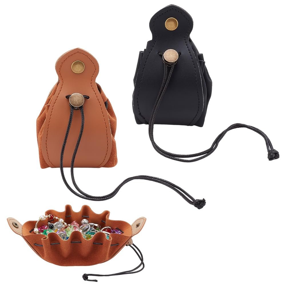 ANATTASOUL 2 styles, each 1pc Dice Bag Vintage Medieval Lea-ther Drawstring Pouch Portable Coin Purse Rivets Belt Pouch Chess Card Jewelry Dice Storage Bag
