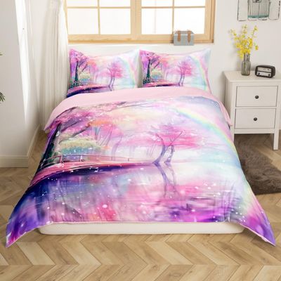 Spring Scenery Duvet Cover Set Toddler Size 2 Pcs Watercolor Pink Cherry Blossom Trees Bedding Set for Kids Girls Teens Colorful Rainbow Nature Dreamy Comforter Cover with 1 Pillowcase,No Comforter