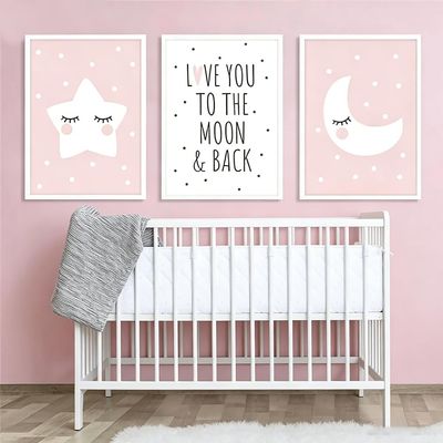 3 Pink Bedroom Poster Moon Stars Love Quote 30 x 40 cm Canvas Children's Room Wall Decoration Pink and White Deco Baby Girl Room without Frame
