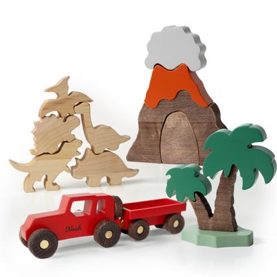 Personalized Colored Wooden Car Play Set with Dinosaur Theme Custom Toddler Sensory Toys, Unique Birthday and Baptism Gifts for Boys, Nursery Room Decor, Baby Shower Gifts