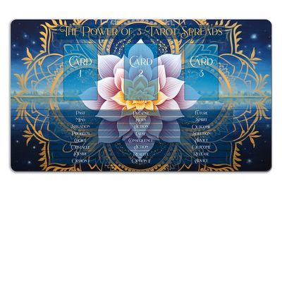 3 Card Spread Tarot Mat for Beginners and Experts, 8 Printed Layouts for Reading, Divination Cloth, Large Size Protective Desk or Table Pad for Readings (Celestial-Garden-in-Blue)