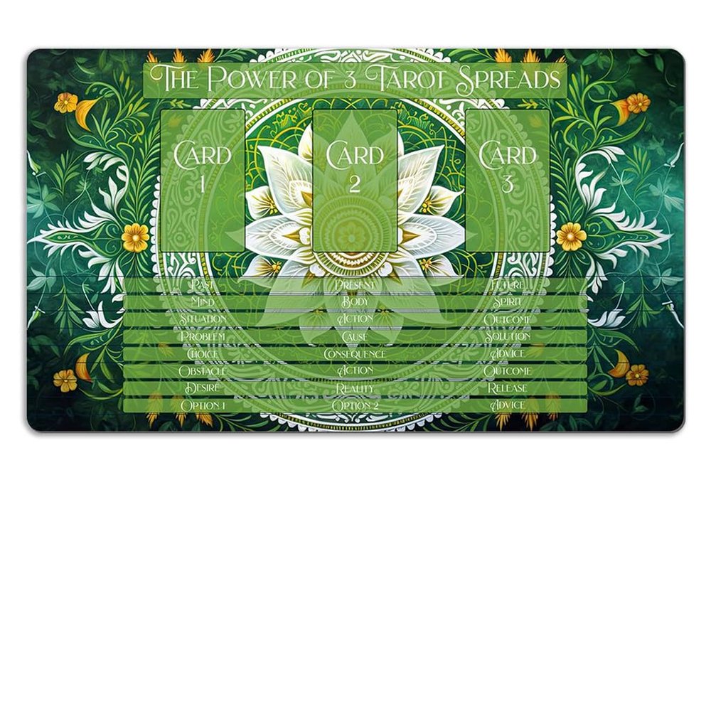 3 Card Spread Tarot Mat for Beginners and Experts, 8 Printed Layouts for Reading, Divination Cloth, Large Size Protective Desk or Table Pad for Readings