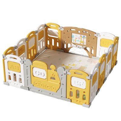 UNICOO Baby Playpen, Foldable Kids Fence Activity Center, Safety Playard with Games Station Non-Slip Rubber Bases, Adjustable Shape, Portable Design for Indoor Outdoor Use (Yellow)