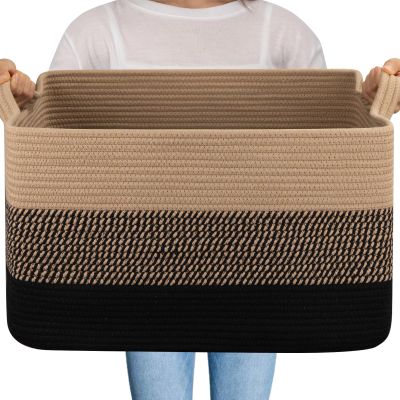 OIAHOMY Large Blanket Basket, 65L Cotton Rope Woven Laundry Basket, Toy Bin for Baby Room, Container for Blanket Storage in Living Room, 20''16''12'', Brown & Black