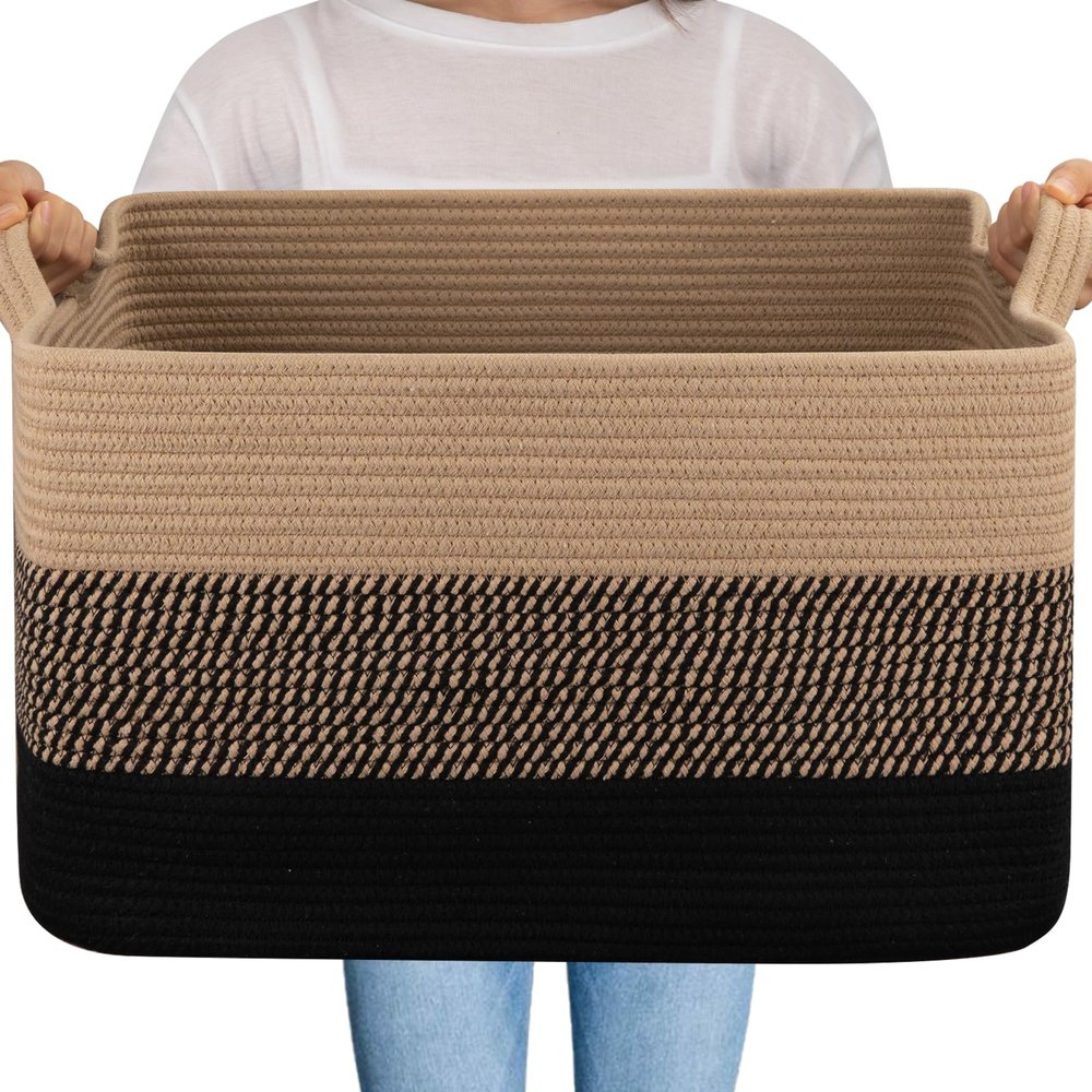 OIAHOMY Large Blanket Basket, 65L Cotton Rope Woven Laundry Basket, Toy Bin for Baby Room, Container for Blanket Storage in Living Room, 20''16''12'', Brown & Black