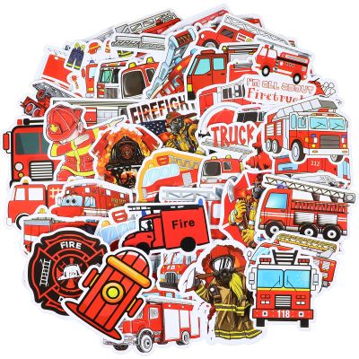 100Pcs Fire Truck Stickers, 2.4'' Waterproof Firefighter Stickers for Kids, Cute Vinyl Fire Helmet Reward Sticker Fire Safety Decals, Firetruck Stickers for Scrapbooking Water Bottle Skateboard Decor