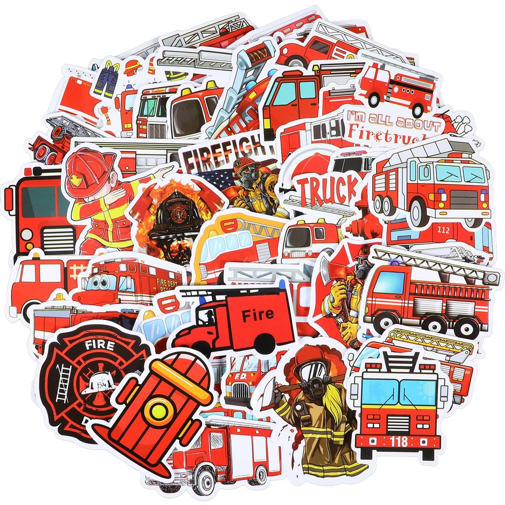 100Pcs Fire Truck Stickers, 2.4'' Waterproof Firefighter Stickers for Kids, Cute Vinyl Fire Helmet Reward Sticker Fire Safety Decals, Firetruck Stickers for Scrapbooking Water Bottle Skateboard Decor
