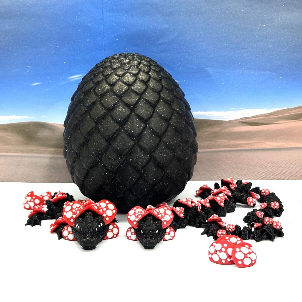 2pcs 3D Printed Dragon with Dragon Egg, Articulated Mother and Child Black and Red Mushroom Dragons, Fidget ADHD Toy Gift for Mom MCD038-006-BR