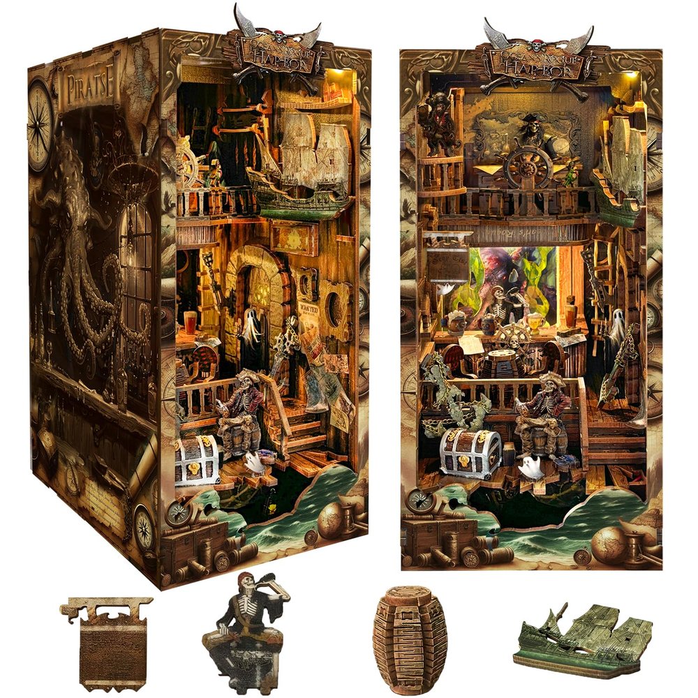 Roroom DIY Book Nook Kit, DIY Dollhouse Bookshelf Insert Decor Alley,3D Wooden Puzzle with LED Lighting Book Nook Wood Bookend Model Building (New World-SQ36)