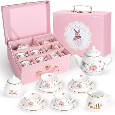Porcelain Tea Set for Girls, Tea Party Set for Little Girls, Kids Tea Set Kitchen Pretend Play, Princess Tea Time Playset with Teapot Cups Carry Case, Toddler Girl Toys Birthday Gifts Age 3+