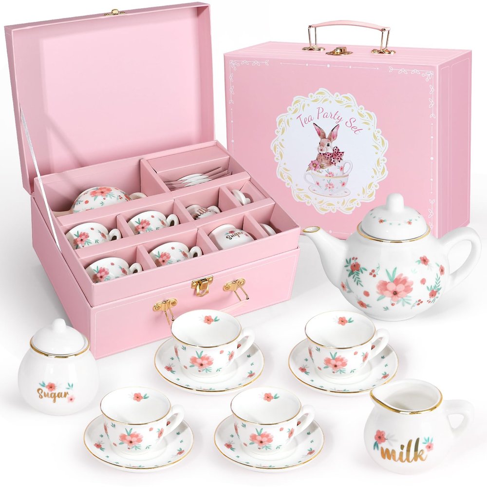 Porcelain Tea Set for Girls, Tea Party Set for Little Girls, Kids Tea Set Kitchen Pretend Play, Princess Tea Time Playset with Teapot Cups Carry Case, Toddler Girl Toys Birthday Gifts Age 3+