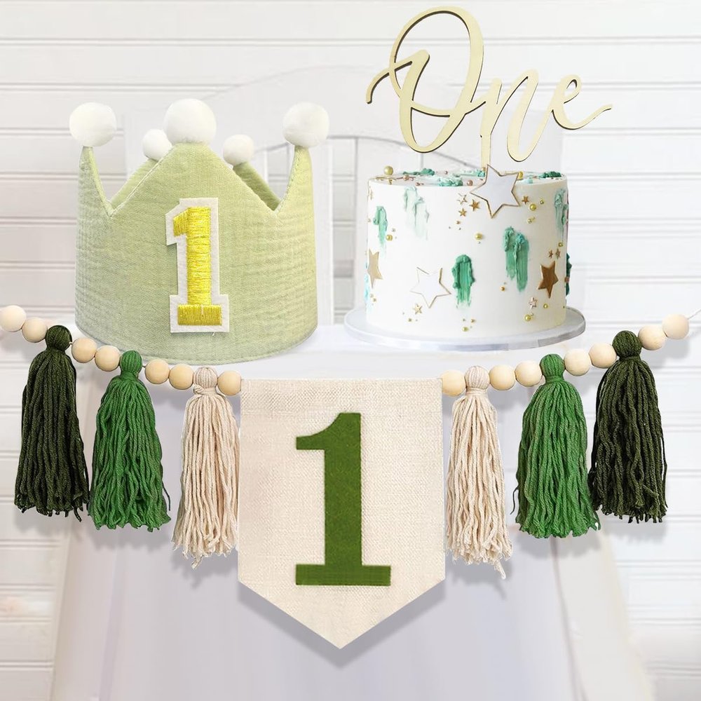 1st Birthday Decorations, First Birthday Party Decoration High Chair Banner 1st Birthday Green Hat Crown Cake Topper Tassels Photo Backdrop for Baby Boy Girl Toddlers