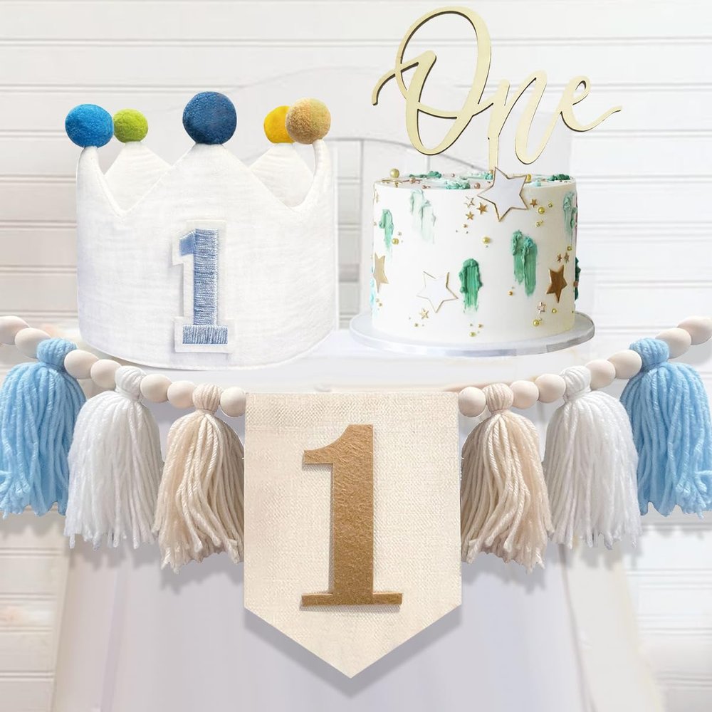 1st Birthday Decorations Boy, First Birthday Party Decoration High Chair Banner 1st Birthday Blue Hat Crown Cake Topper Tassels Photo Backdrop for Baby Boy Toddlers