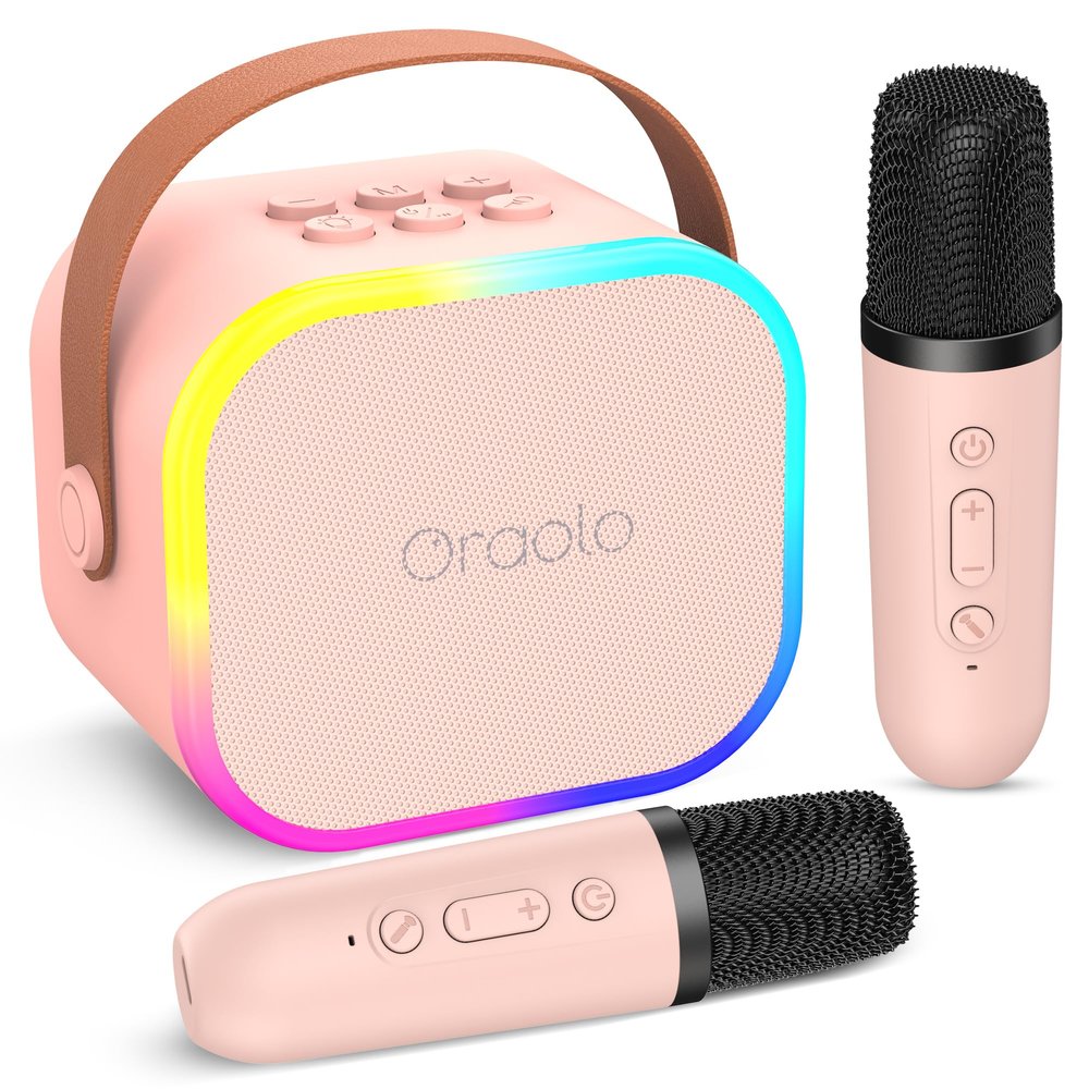 Oraolo Karaoke Machine with 2 Wireless Microphones, Portable Mini Karaoke for Kids, Funny Magical Sound Modes, Speaker Support Multi-Channel Connection, Birthday Gifts for Girls Boys