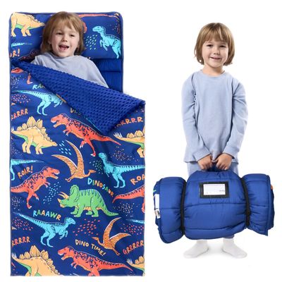 JOIEDOMI Toddler Sleeping Bag for Kids 55''x30'' Nap Mat with Removable Pillow and Minky Blanket for Toddler Ages 3-7 Roll Up Kids Sleeping Bag for Boys Girls Kindergarten Daycare Colorful Dinosaur