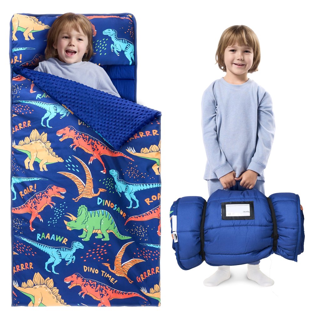 JOIEDOMI Toddler Sleeping Bag for Kids 55''x30'' Nap Mat with Removable Pillow and Minky Blanket for Toddler Ages 3-7 Roll Up Kids Sleeping Bag for Boys Girls Kindergarten Daycare Colorful Dinosaur