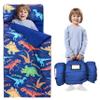 JOIEDOMI Toddler Sleeping Bag for Kids 55''x30'' Nap Mat with Removable Pillow and Minky Blanket for Toddler Ages 3-7 Roll Up Kids Sleeping Bag for Boys Girls Kindergarten Daycare Colorful Dinosaur view 1