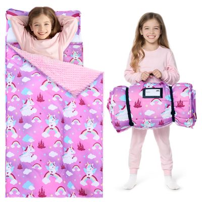 JOIEDOMI Toddler Sleeping Bag for Kids 55''x30'' Nap Mat with Removable Pillow and Minky Blanket for Toddler Ages 3-7 Roll Up Soft Kids Sleeping Bag for Boys Girls Kindergarten Daycare Purple Unicorn