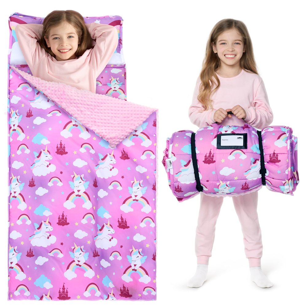 JOIEDOMI Toddler Sleeping Bag for Kids 55''x30'' Nap Mat with Removable Pillow and Minky Blanket for Toddler Ages 3-7 Roll Up Soft Kids Sleeping Bag for Boys Girls Kindergarten Daycare Purple Unicorn