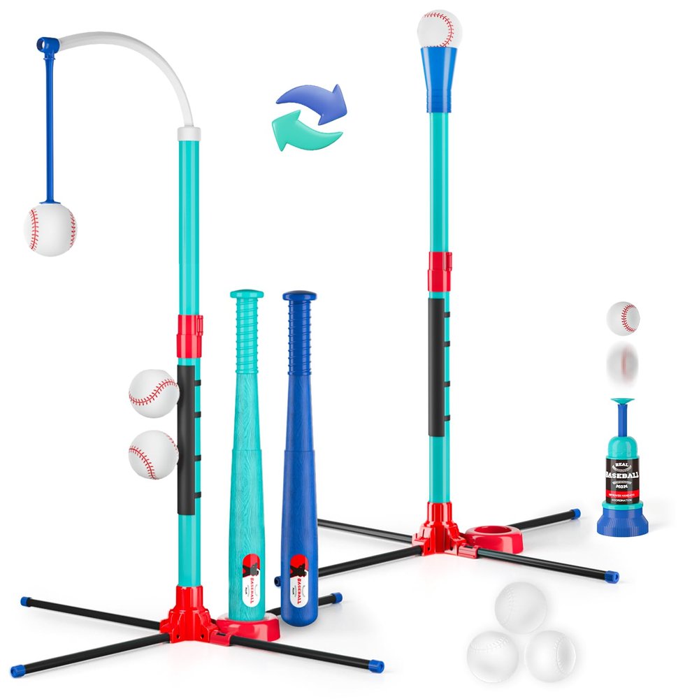 3-in-1 T Ball Set for Kids: Hanging Batting Tee + T Ball Stand Set Auto BaseBall Launcher for Toddlers & Youth Adjustable Height with 2 Bats 6 balls Outdoor&Indoor Toys Sports Gifts for 3-12 years old