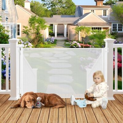100" Wide Weatherproof Outdoor Retractable Gate for Dogs with No Rust Screws and Rods, Waterproof 8 Ft Extra Long Baby Gates for Large Openings, Scratch-Resistant Mesh Retractable Baby Gates, White