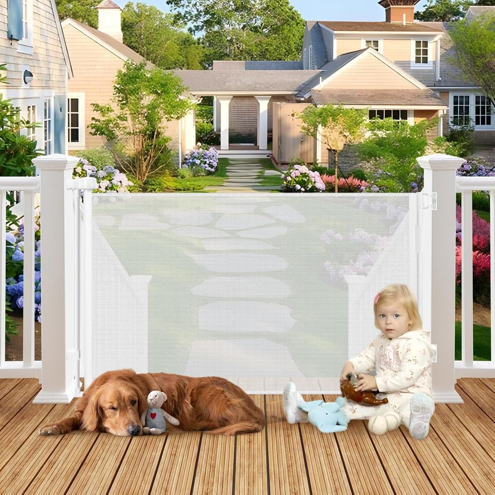 100" Wide Weatherproof Outdoor Retractable Gate for Dogs with No Rust Screws and Rods, Waterproof 8 Ft Extra Long Baby Gates for Large Openings, Scratch-Resistant Mesh Retractable Baby Gates, White