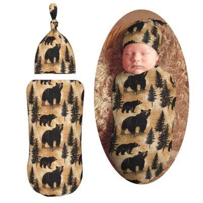 Muishi Retro Bears with Trees Newborn Swaddle Blankets Hat Sets Soft Baby Receiving Blanket Swaddle Sack for Baby Shower Infant Boy Girl Gift