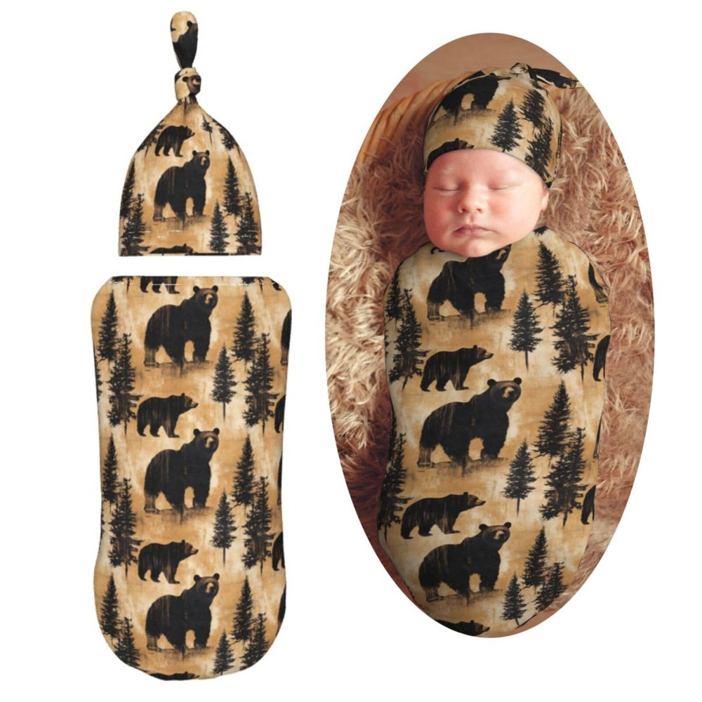 Muishi Retro Bears with Trees Newborn Swaddle Blankets Hat Sets Soft Baby Receiving Blanket Swaddle Sack for Baby Shower Infant Boy Girl Gift